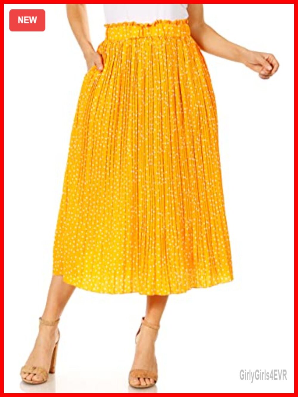 Pleated Midi Skirt High Waisted with Pockets Elastic A-Line